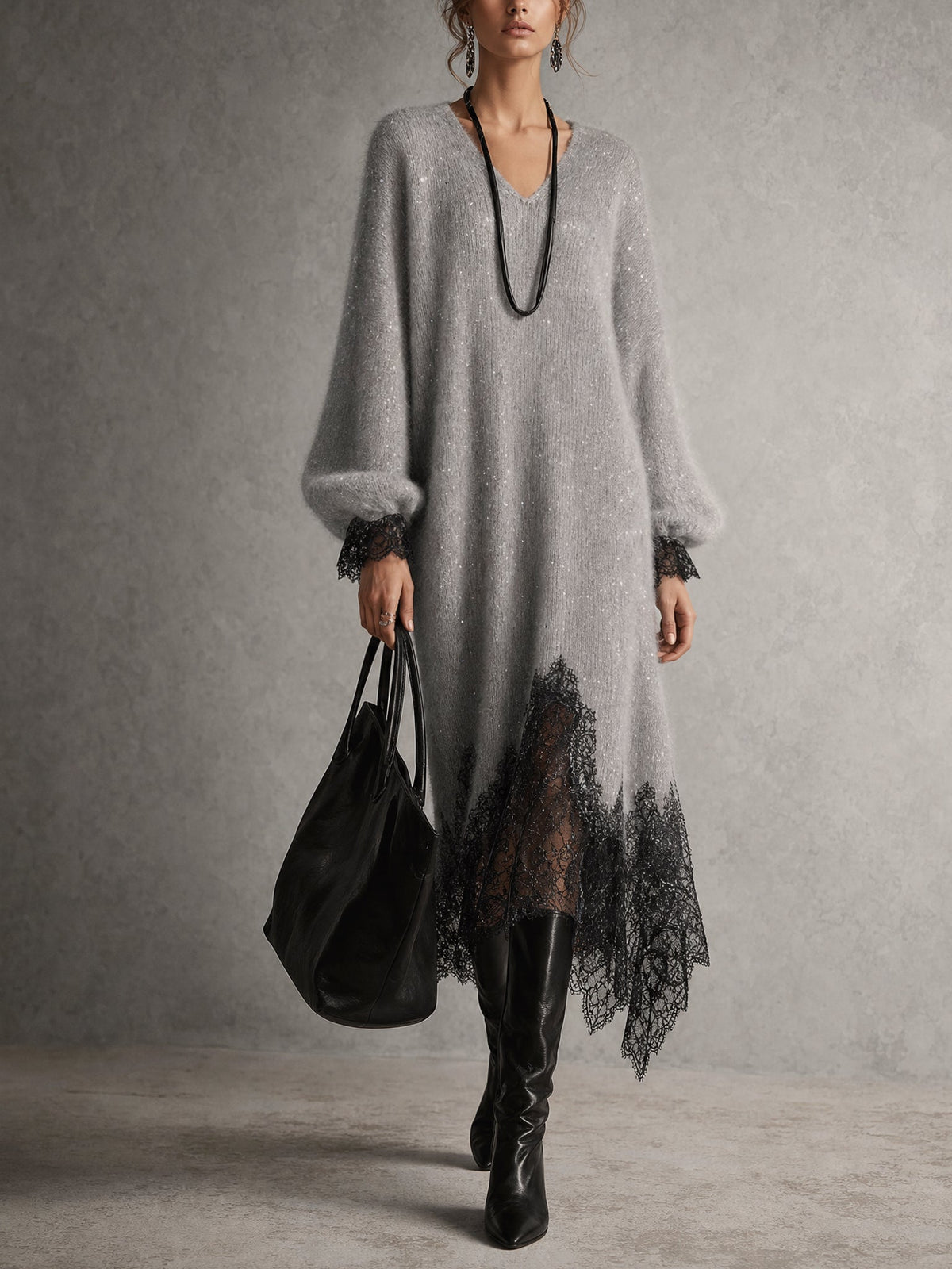 Vestido Midi de Punto con Escote en V y Bajo de Encaje Sarrià