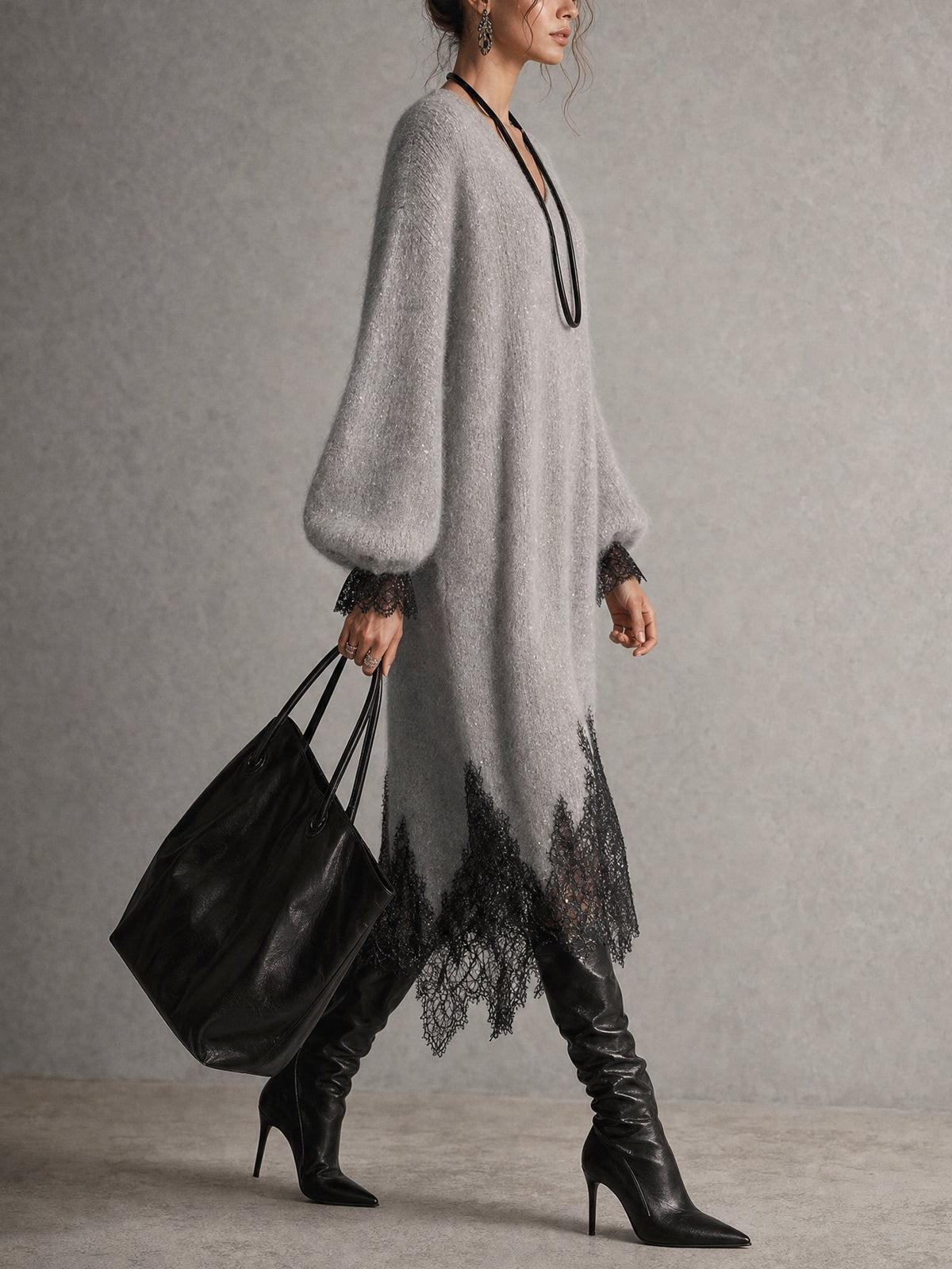 Vestido Midi de Punto con Escote en V y Bajo de Encaje Sarrià