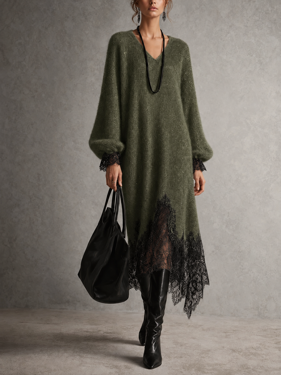 Vestido Midi de Punto con Escote en V y Bajo de Encaje Sarrià