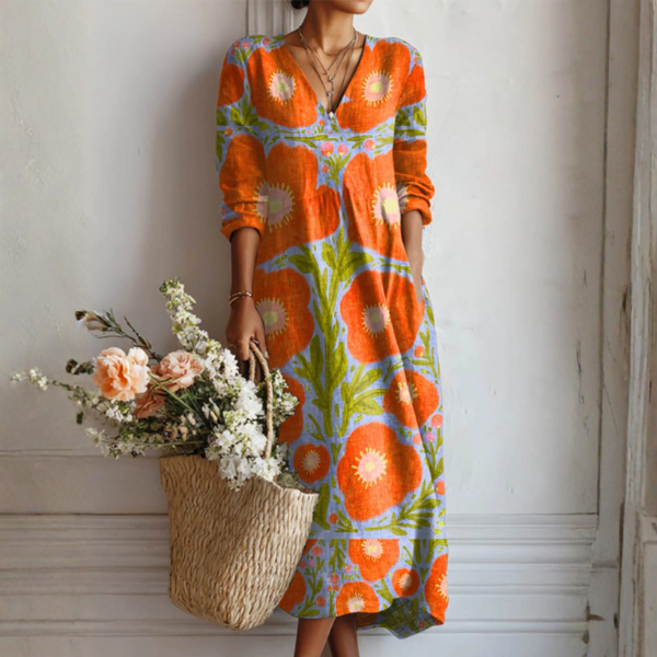 Vestido Boho de Lino Estampado para Mujer con Escote en V