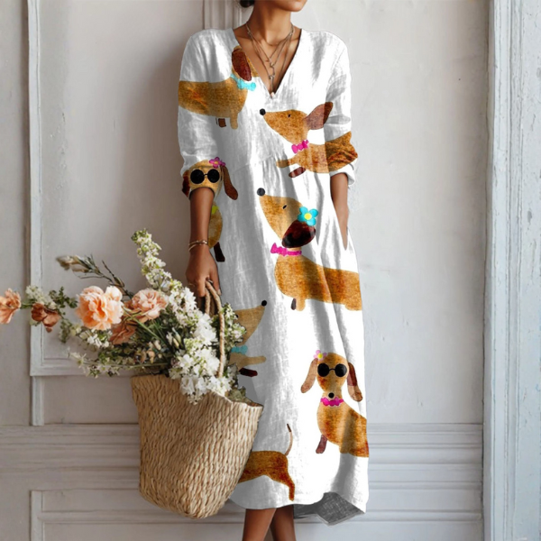 Vestido Boho de Lino Estampado para Mujer con Escote en V