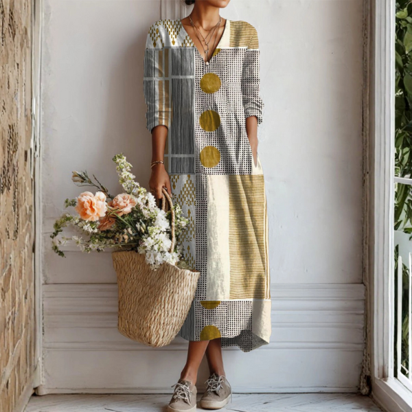 Vestido Boho de Lino Estampado para Mujer con Escote en V