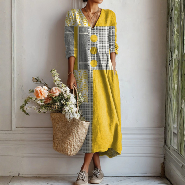 Vestido Boho de Lino Estampado para Mujer con Escote en V