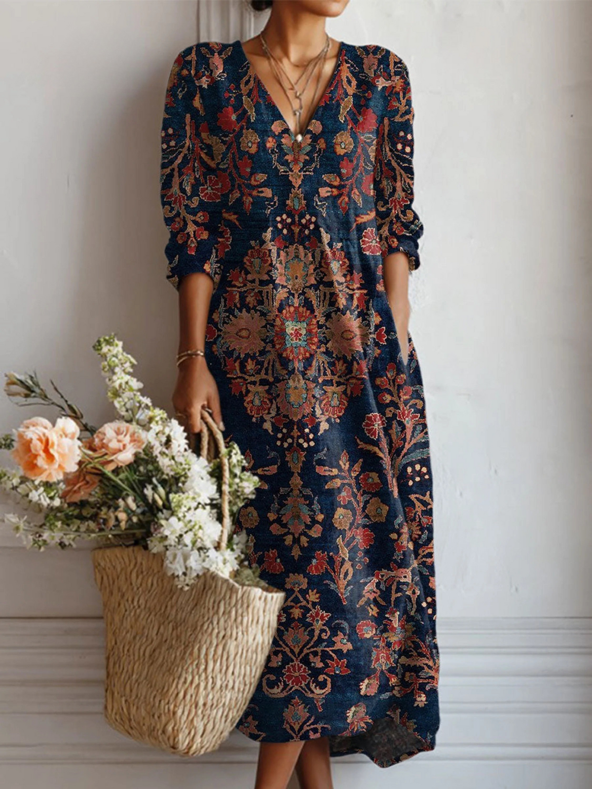 Vestido Boho de Lino Estampado para Mujer con Escote en V