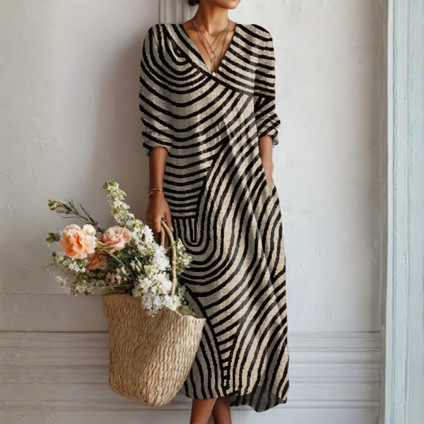 Vestido Boho de Lino Estampado para Mujer con Escote en V