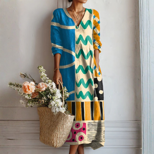 Vestido Boho de Lino Estampado para Mujer con Escote en V
