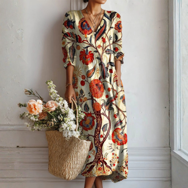 Vestido Boho de Lino Estampado para Mujer con Escote en V
