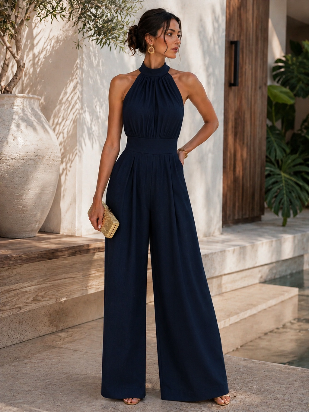 Conjunto de Lino Palazzo y Blusa Halter Estampada para Mujer