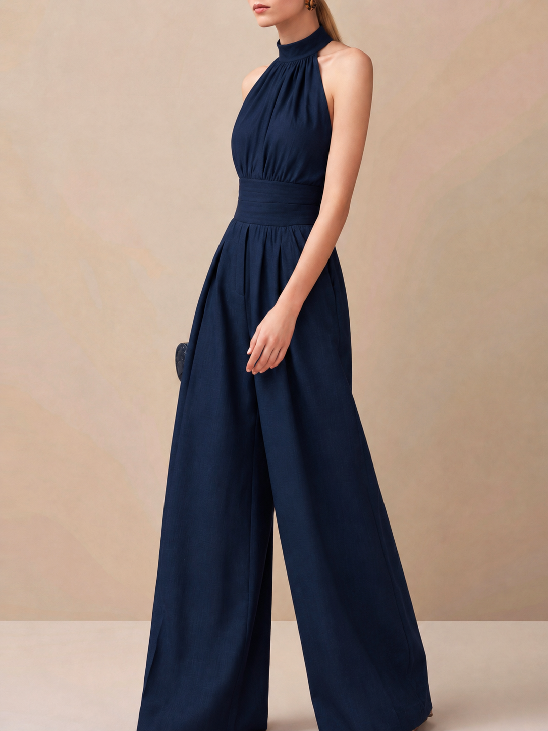 Conjunto de Lino Palazzo y Blusa Halter Estampada para Mujer
