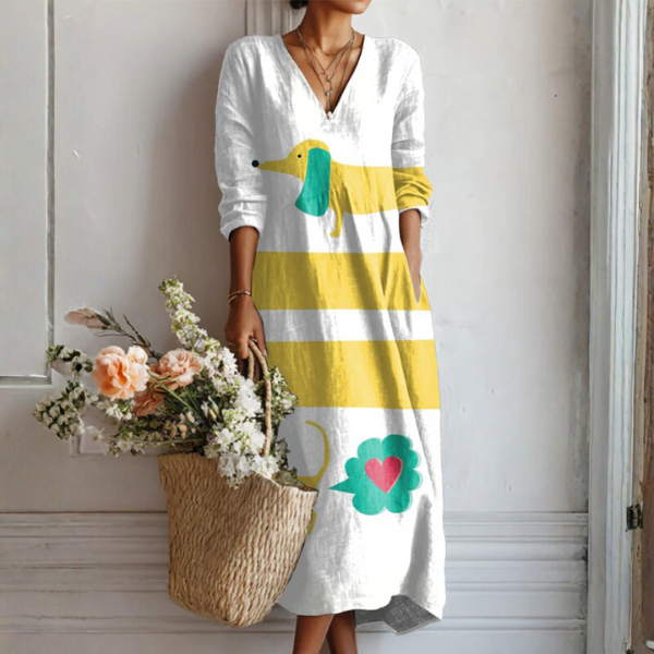 Vestido Boho de Lino Estampado para Mujer con Escote en V