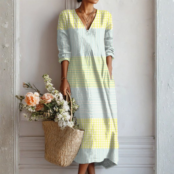 Vestido Boho de Lino Estampado para Mujer con Escote en V