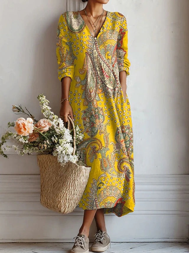 Vestido Boho de Lino Estampado para Mujer con Escote en V