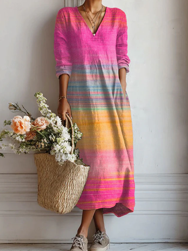 Vestido Boho de Lino Estampado para Mujer con Escote en V