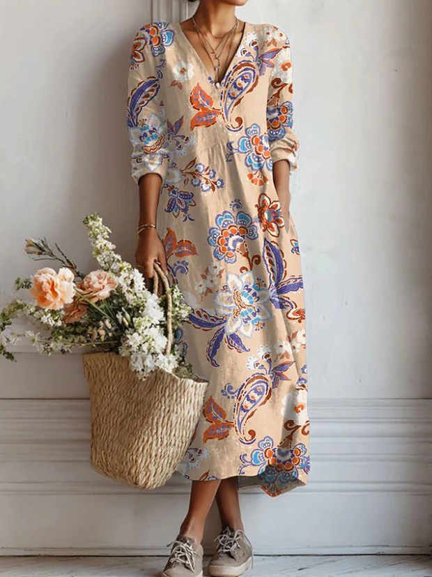 Vestido Boho de Lino Estampado para Mujer con Escote en V