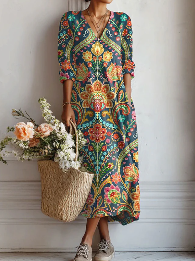Vestido Boho de Lino Estampado para Mujer con Escote en V