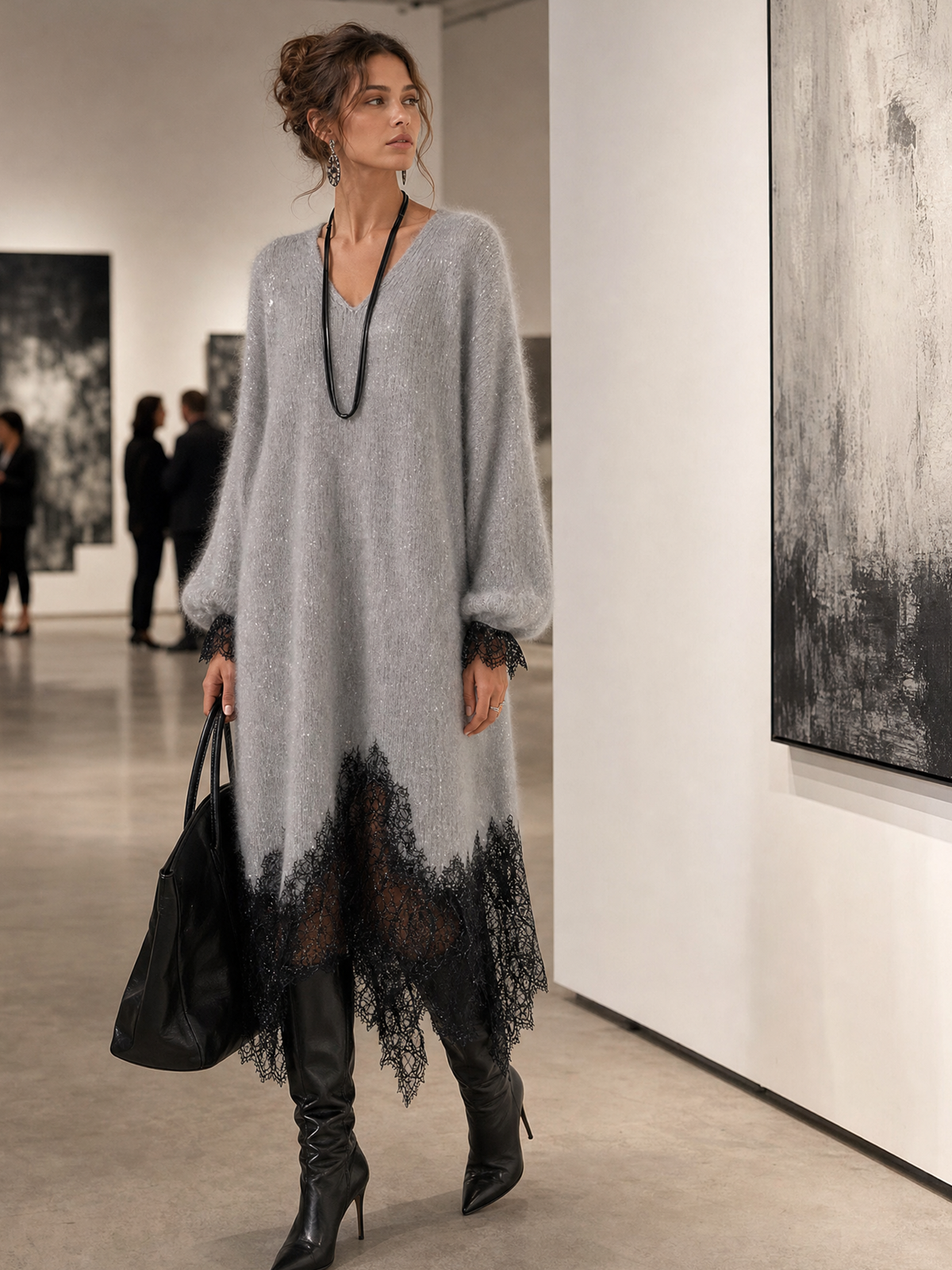 Vestido Midi de Punto con Escote en V y Bajo de Encaje Sarrià