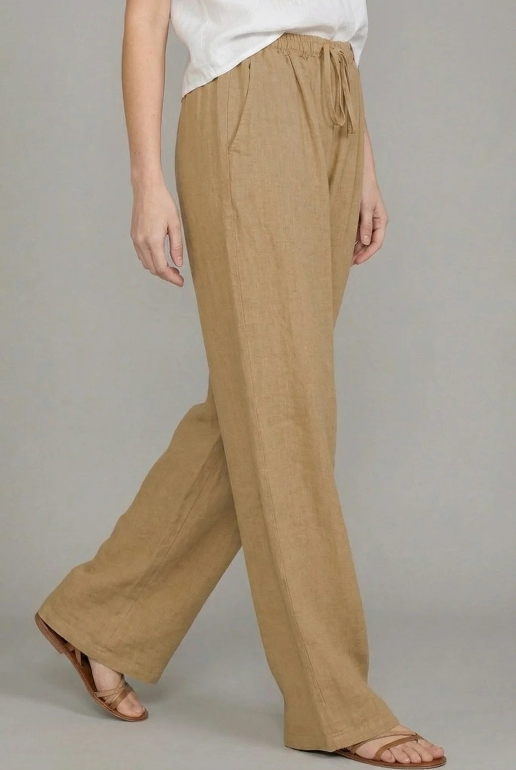 Pantalón de Lino Ancho para Mujer con Cintura Elástica y Cordón
