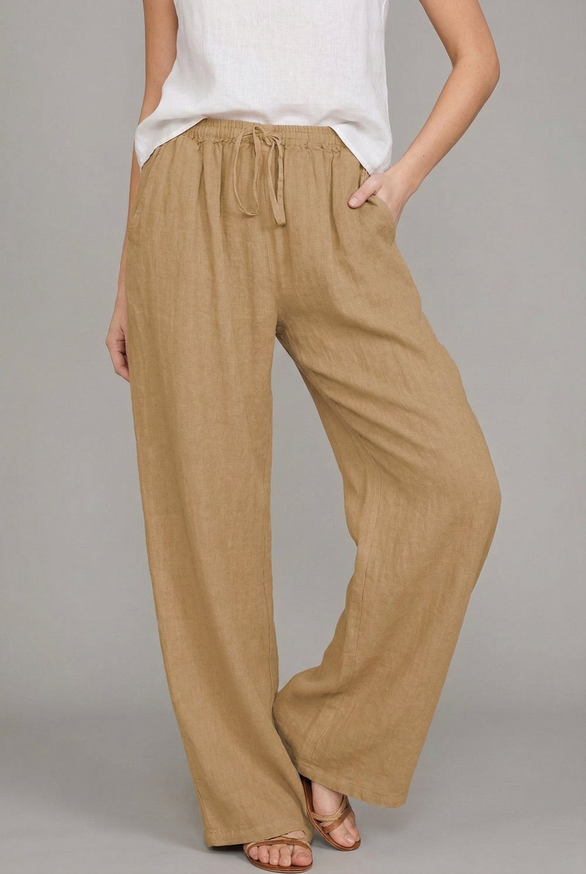 Pantalón de Lino Ancho para Mujer con Cintura Elástica y Cordón