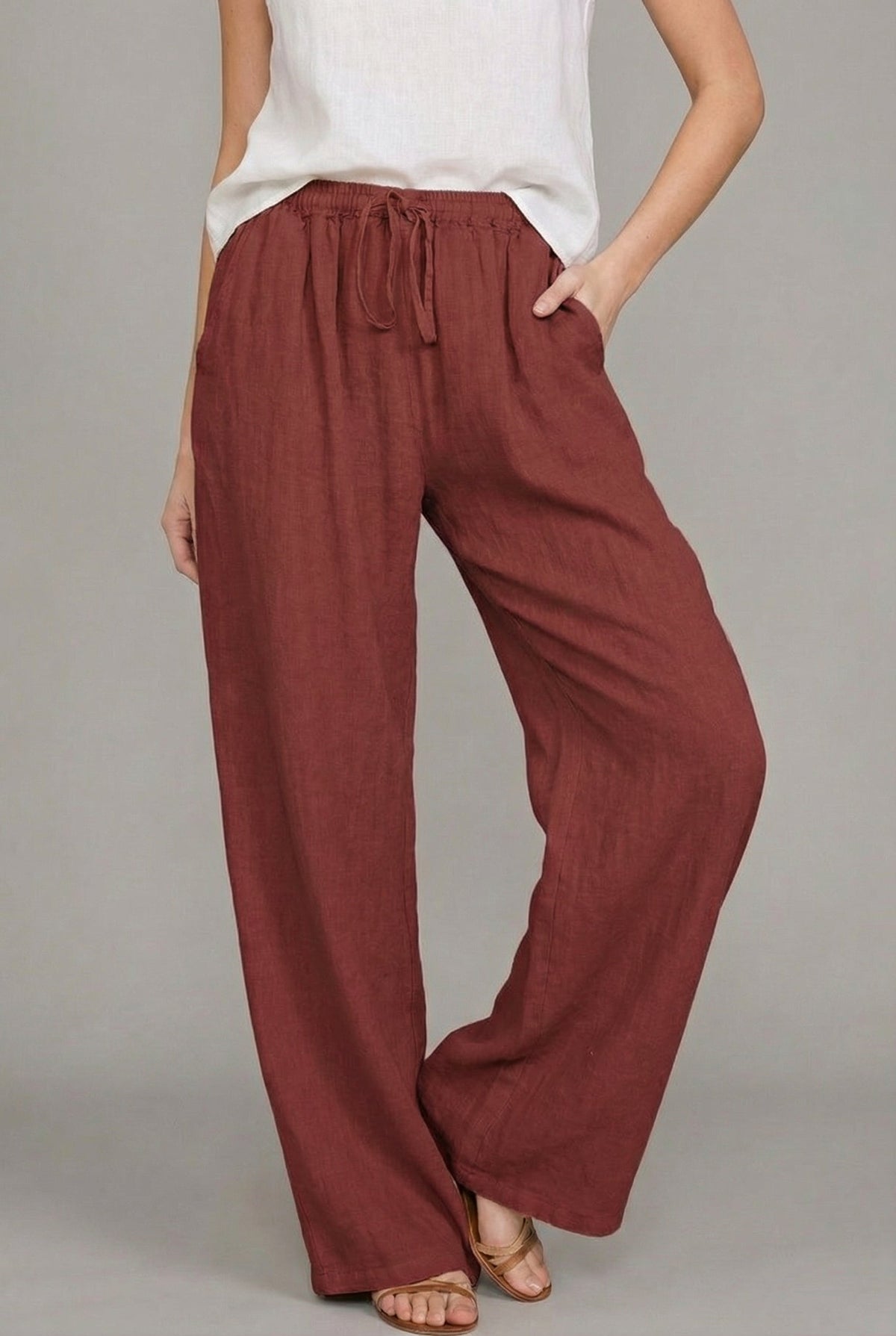 Pantalón de Lino Ancho para Mujer con Cintura Elástica y Cordón