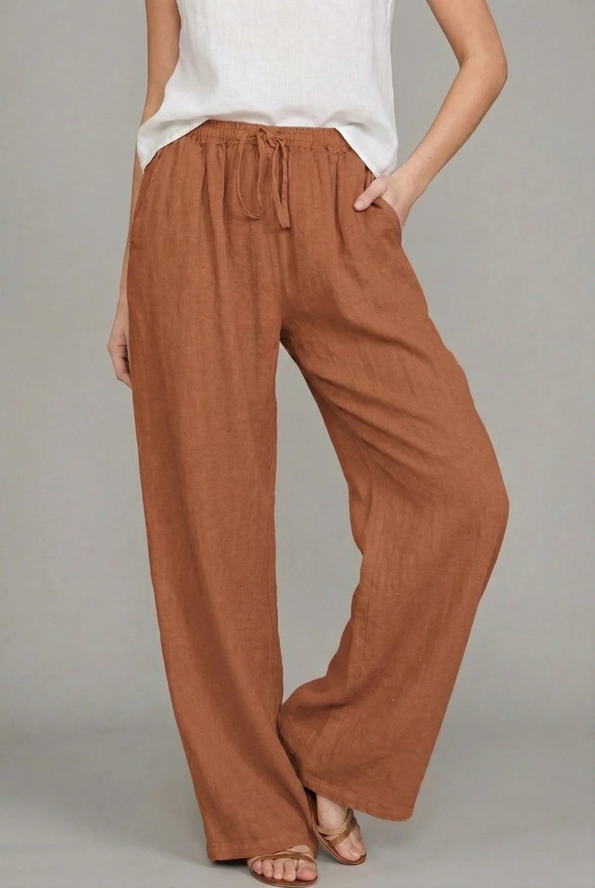 Pantalón de Lino Ancho para Mujer con Cintura Elástica y Cordón
