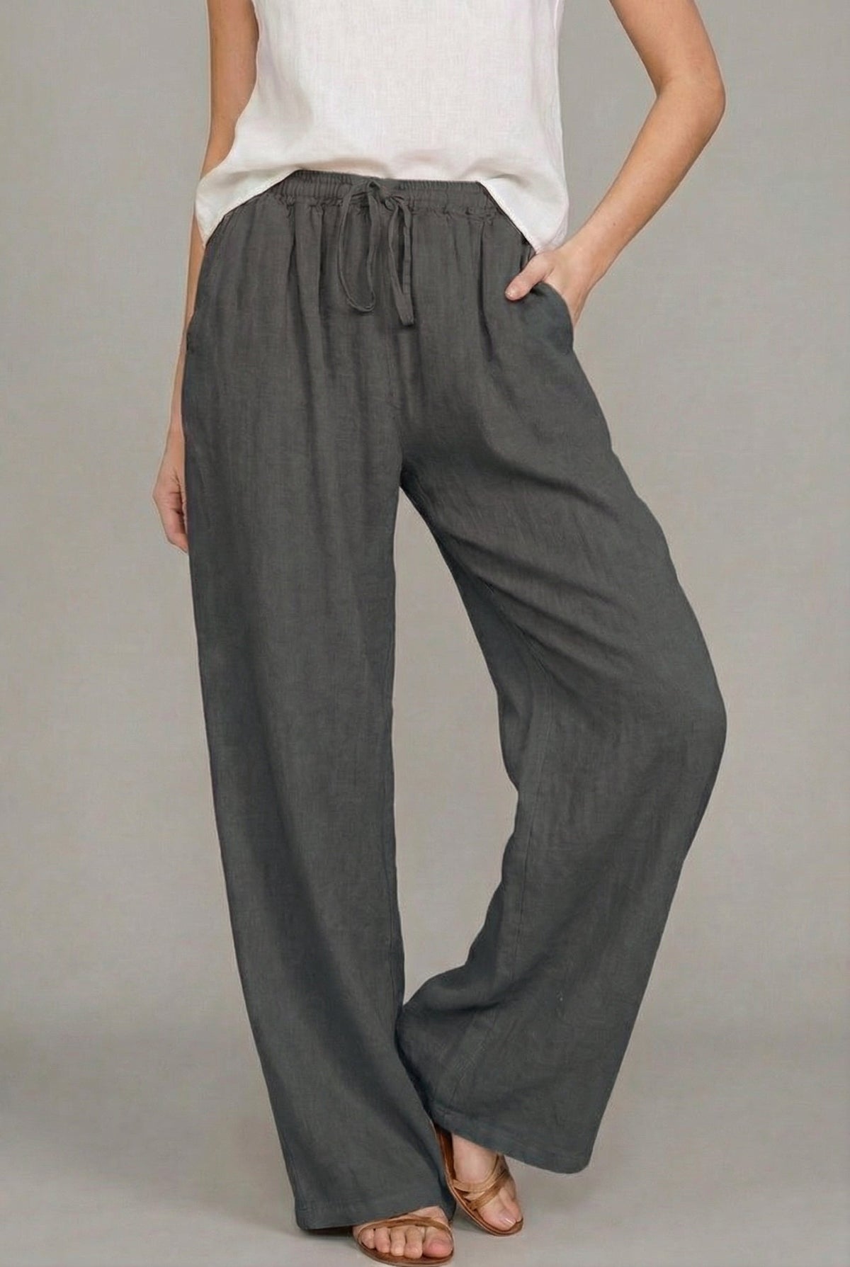 Pantalón de Lino Ancho para Mujer con Cintura Elástica y Cordón