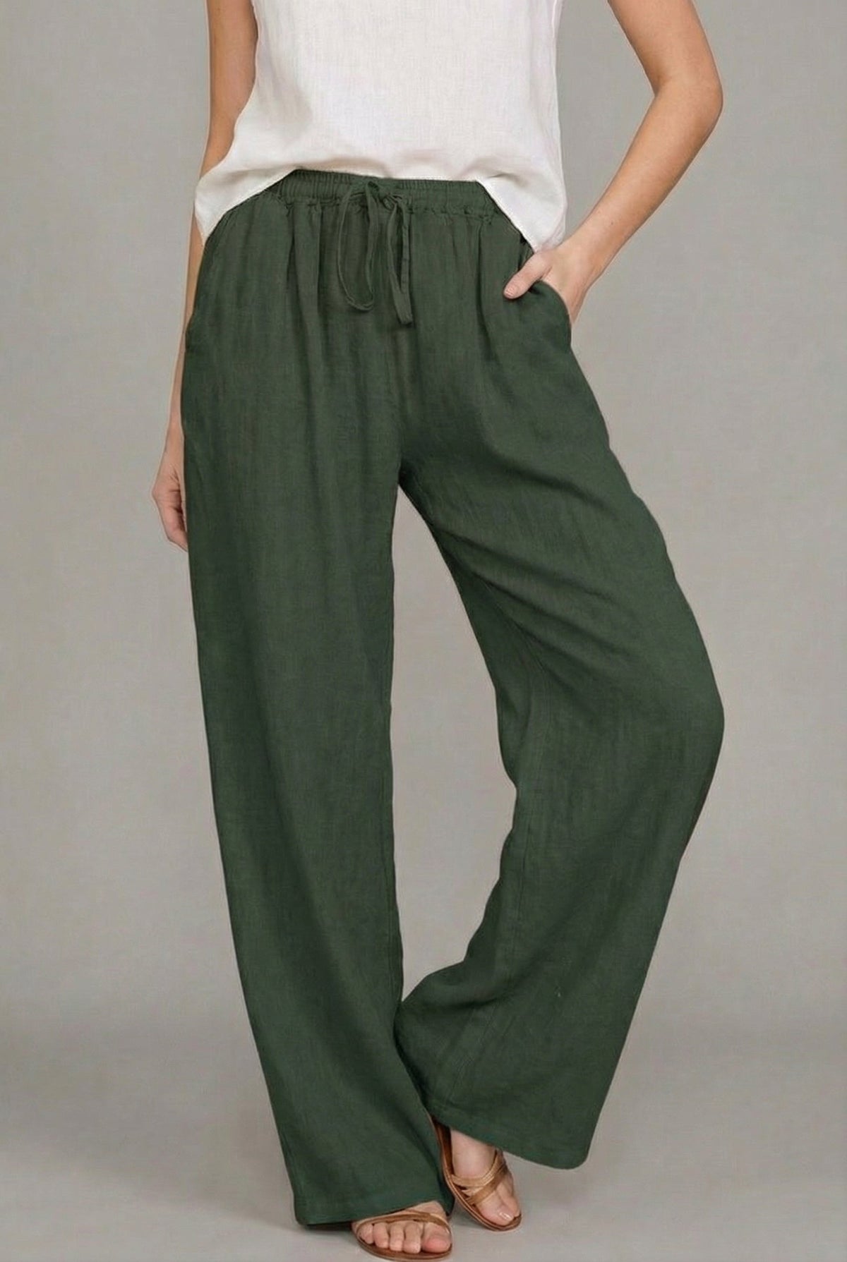 Pantalón de Lino Ancho para Mujer con Cintura Elástica y Cordón