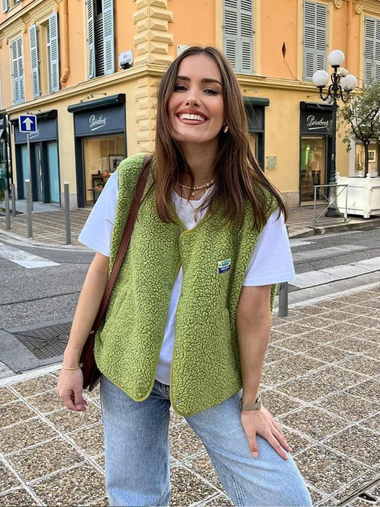 Chaleco de Borreguito para Mujer sin Mangas y Escote en V