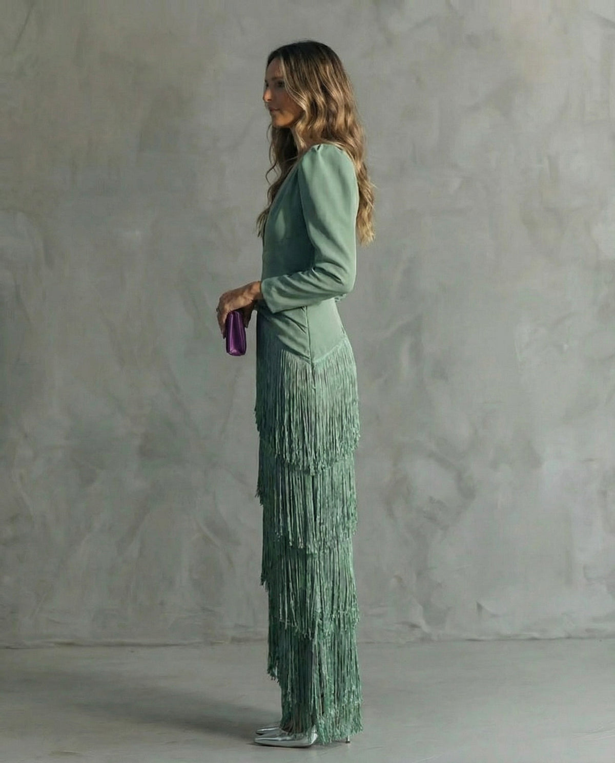 Vestido Gabriela Largo de Invitada con Flecos