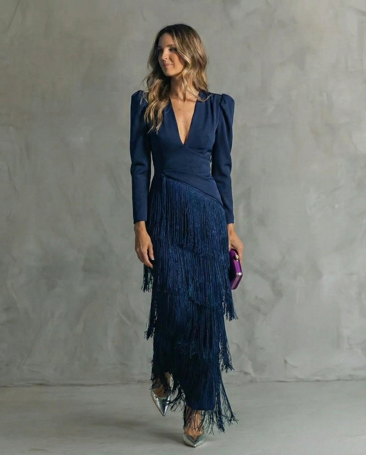 Vestido Gabriela Largo de Invitada con Flecos