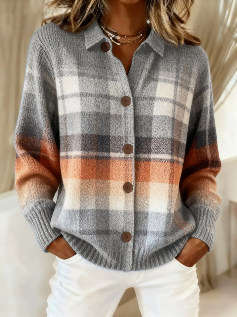 Cárdigan de Cuadros de Punto para Mujer con Cuello Solapa