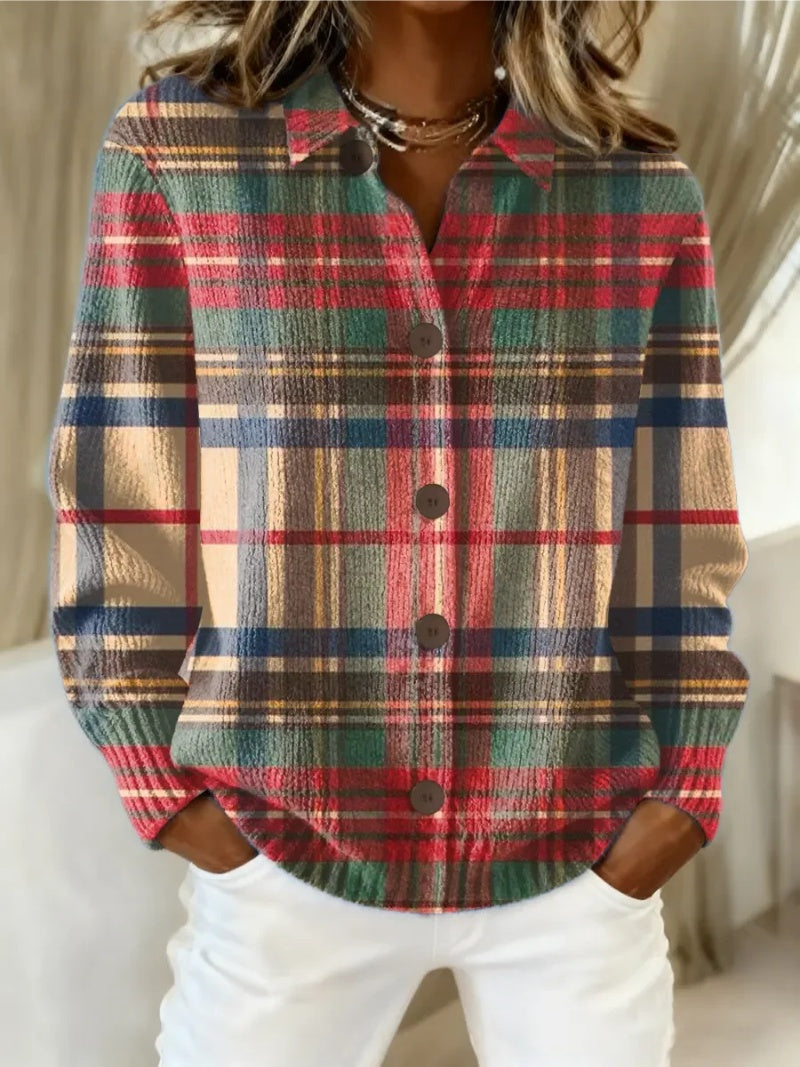 Cárdigan de Cuadros de Punto para Mujer con Cuello Solapa