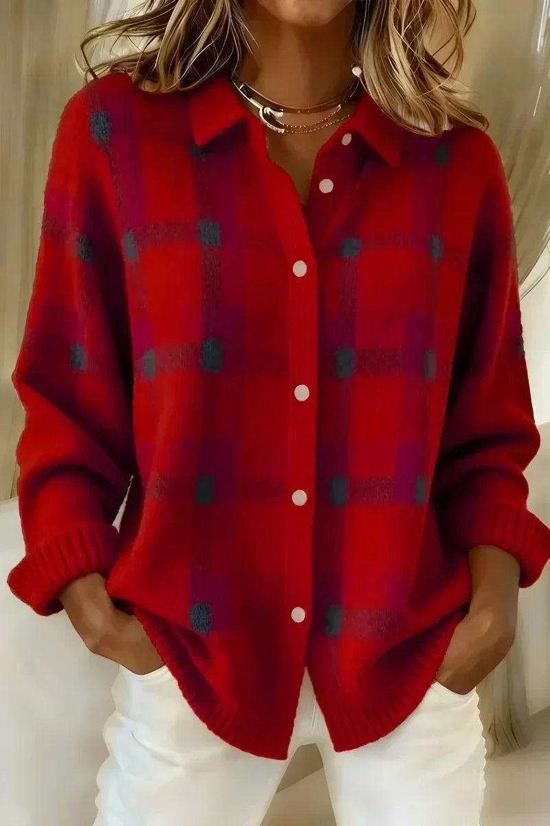 Cárdigan de Cuadros de Punto para Mujer con Cuello Solapa
