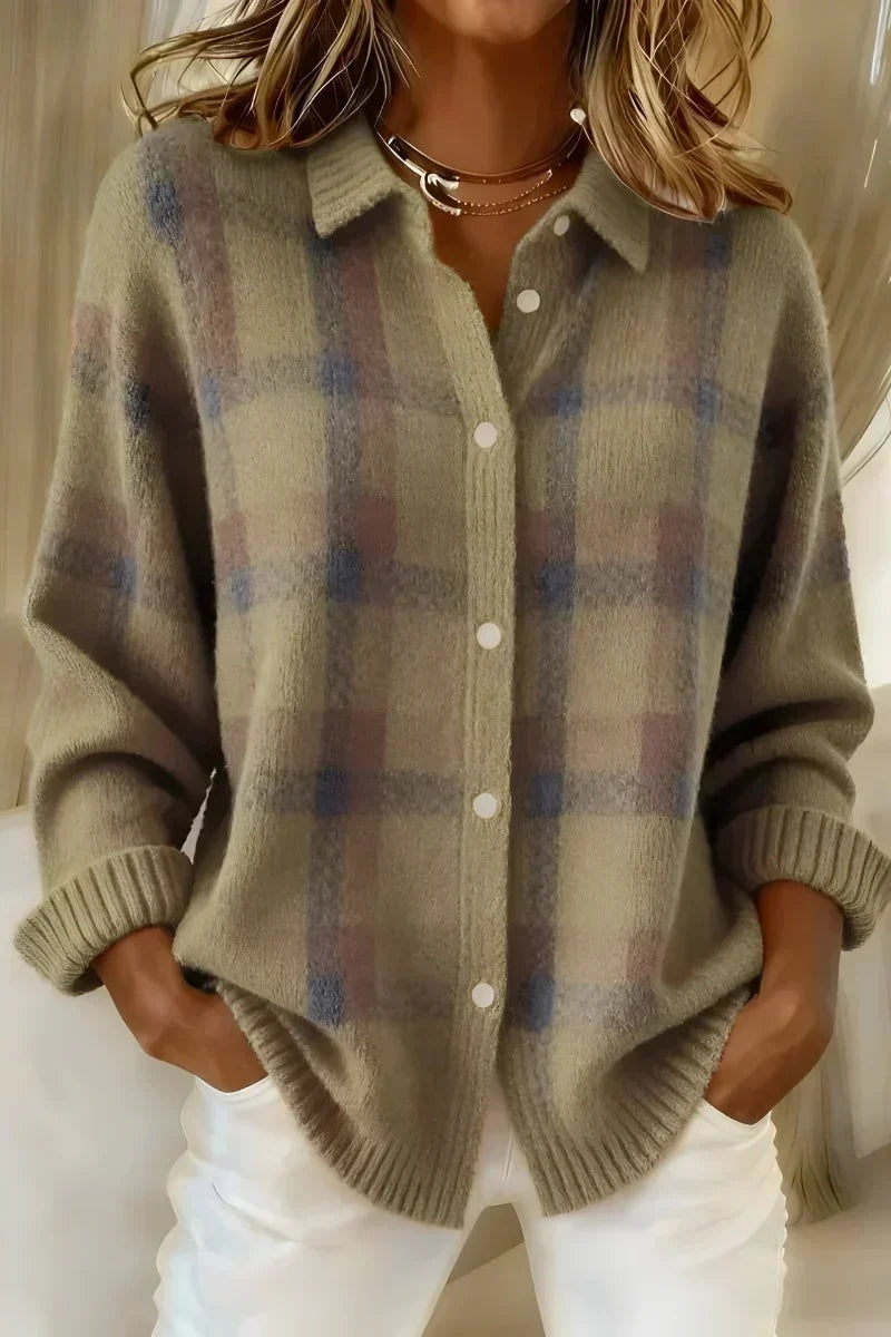 Cárdigan de Cuadros de Punto para Mujer con Cuello Solapa