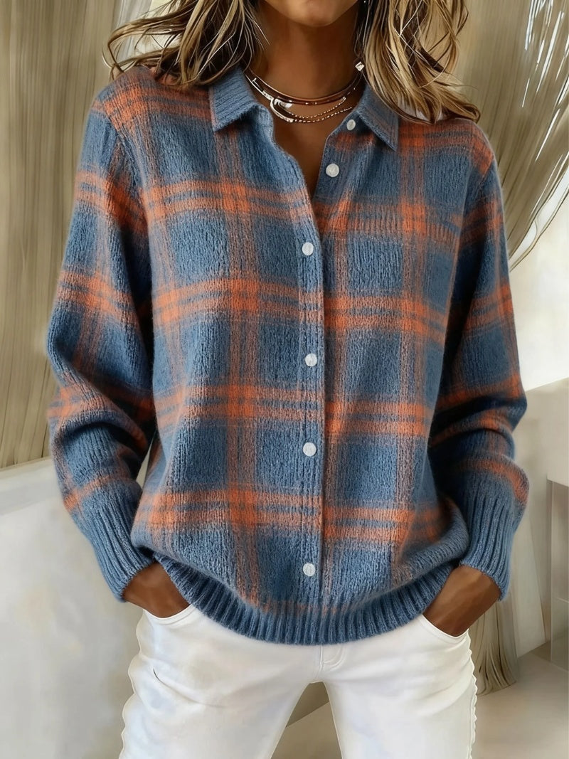 Cárdigan de Cuadros de Punto para Mujer con Cuello Solapa