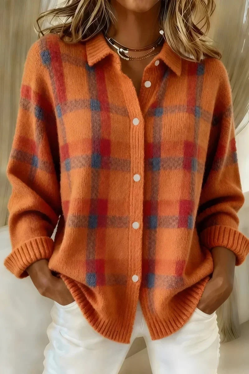 Cárdigan de Cuadros de Punto para Mujer con Cuello Solapa