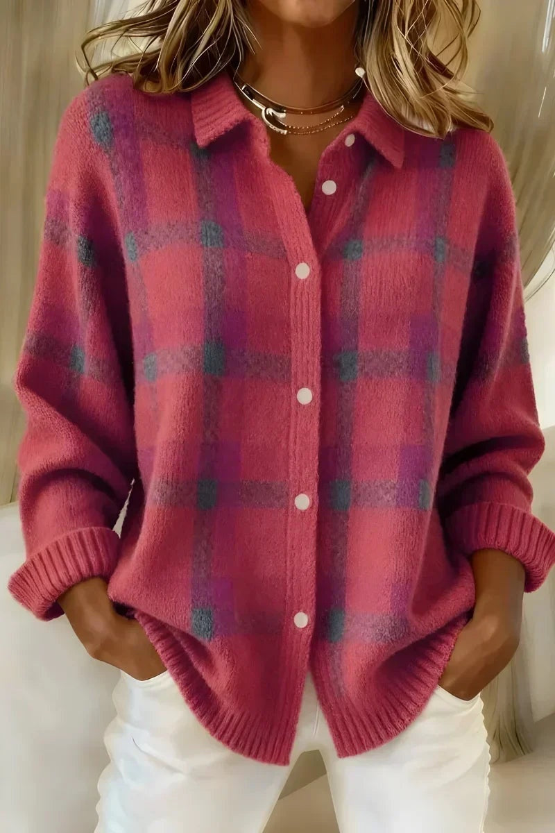 Cárdigan de Cuadros de Punto para Mujer con Cuello Solapa