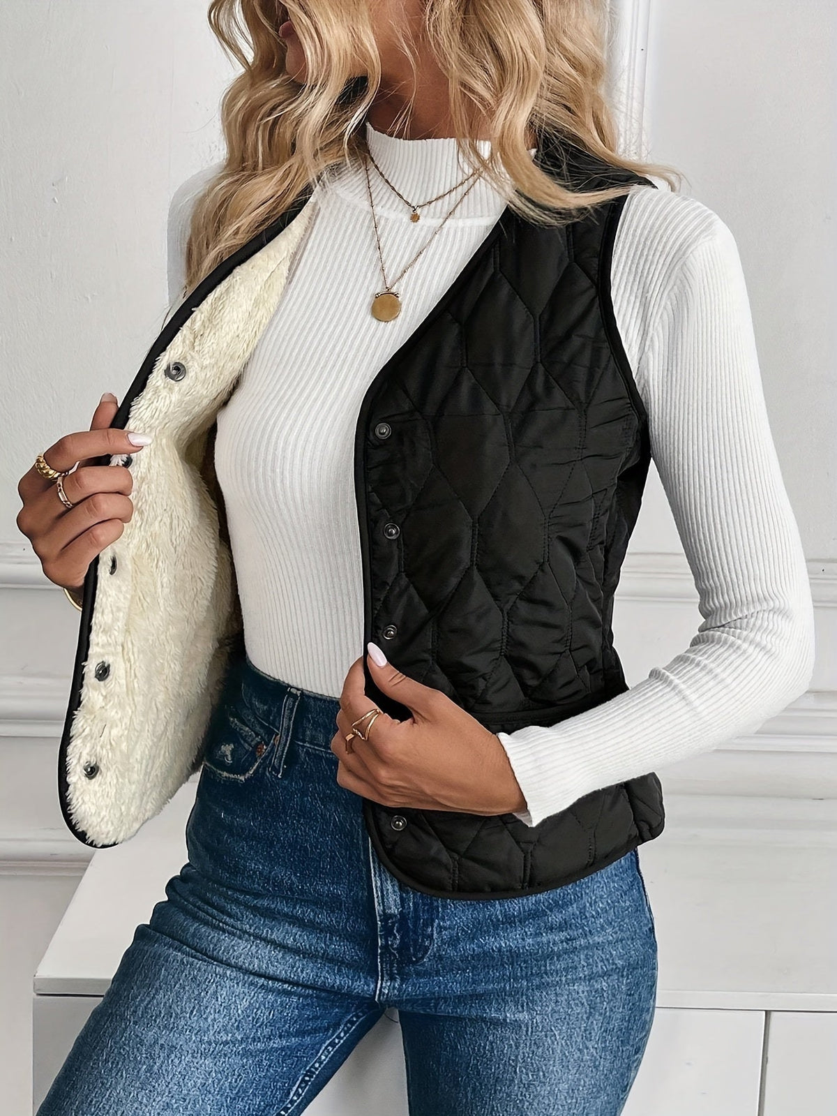 Chaleco Acolchado Reversible para Mujer con Forro Sherpa