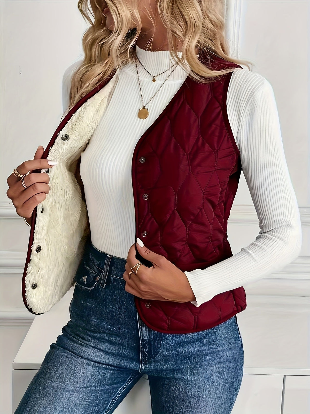 Chaleco Acolchado Reversible para Mujer con Forro Sherpa