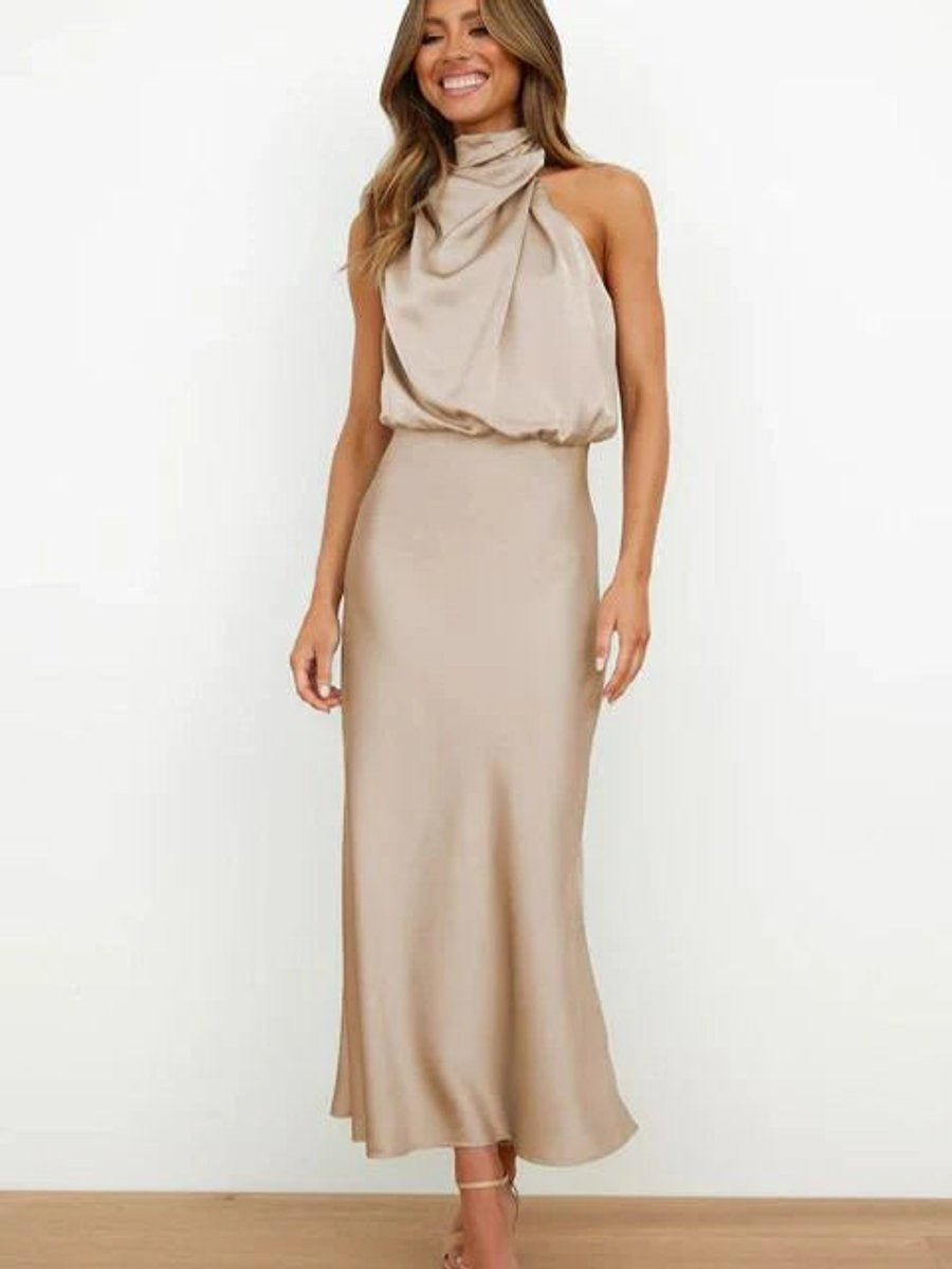 Vestido Sofía Largo de Satén con Cuello Halter