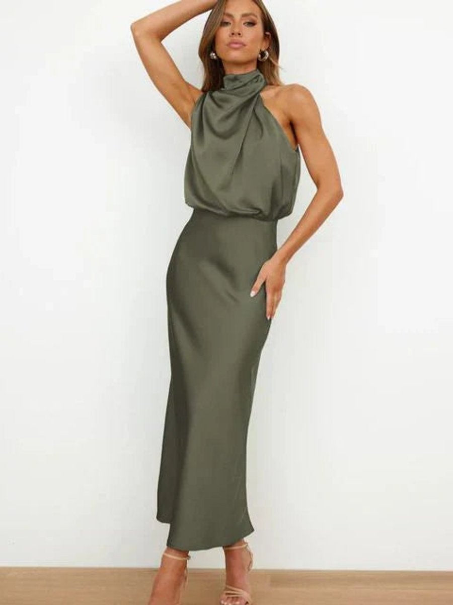 Vestido Sofía Largo de Satén con Cuello Halter