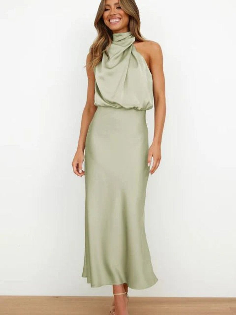 Vestido Sofía Largo de Satén con Cuello Halter