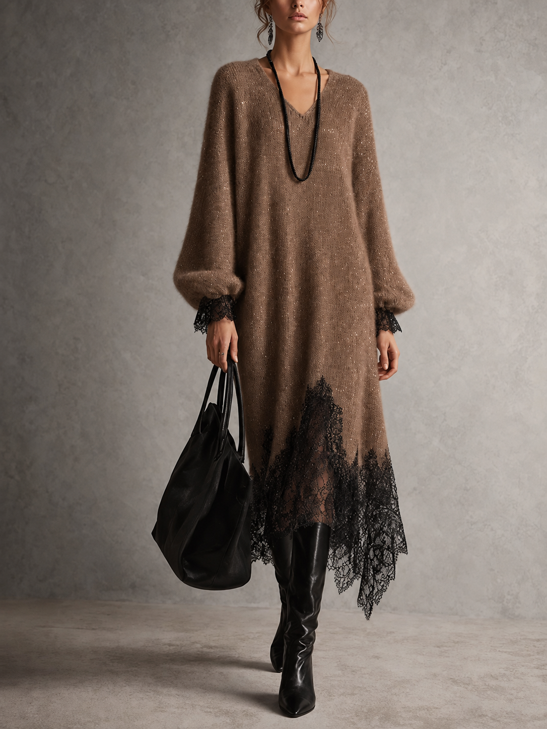 Vestido Midi de Punto con Escote en V y Bajo de Encaje Sarrià
