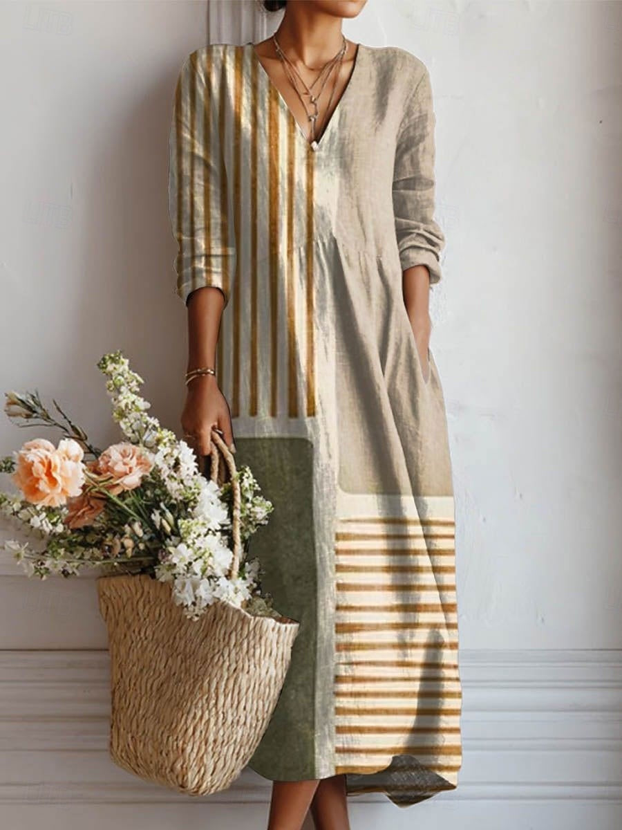 Vestido Boho de Lino Estampado para Mujer con Escote en V