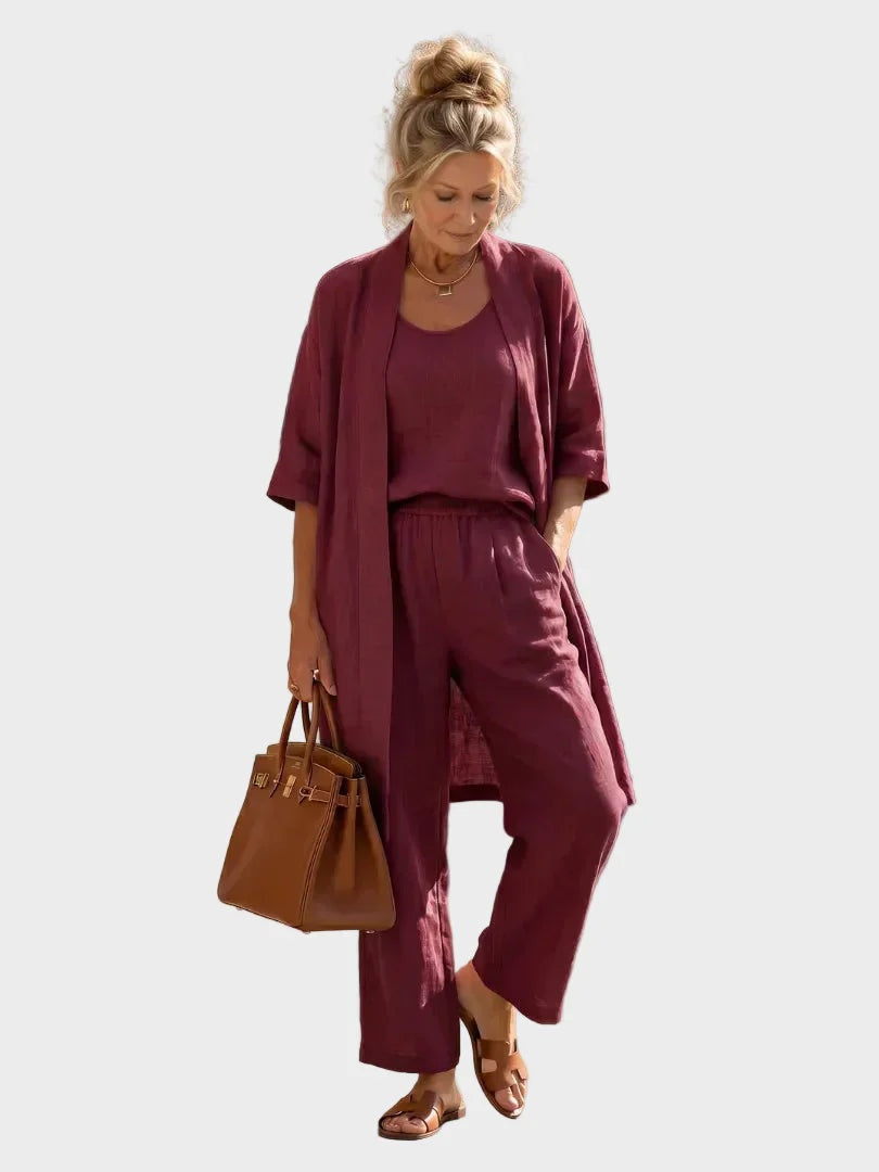 Conjunto de Lino de Tres Piezas Corte Amplio para Mujer