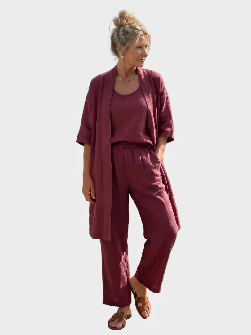 Conjunto de Lino de Tres Piezas Corte Amplio para Mujer