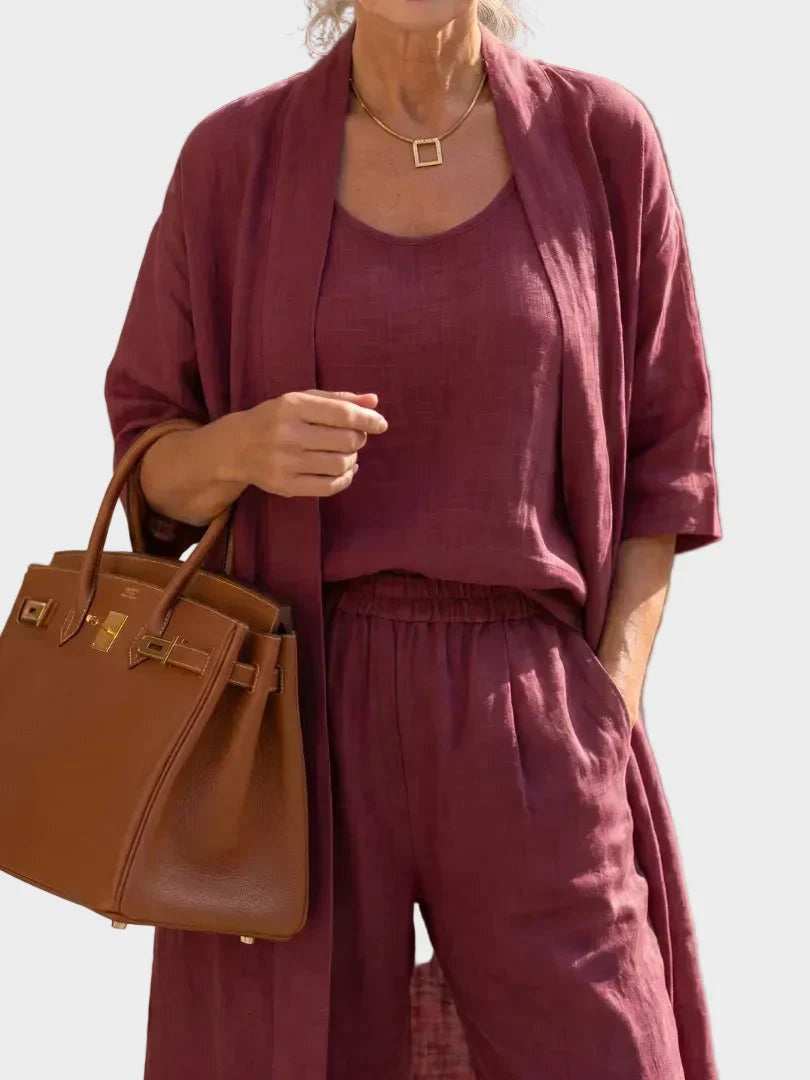 Conjunto de Lino de Tres Piezas Corte Amplio para Mujer