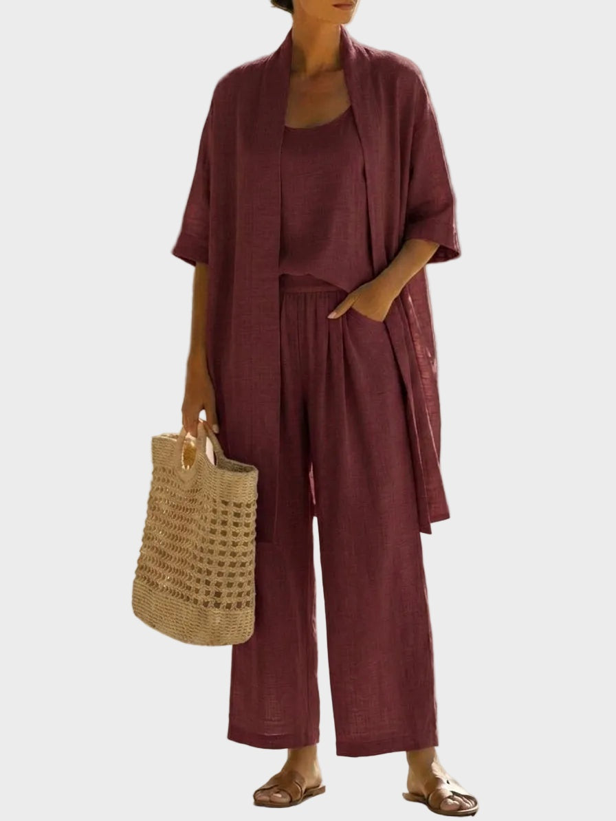 Conjunto de Lino de Tres Piezas Corte Amplio para Mujer