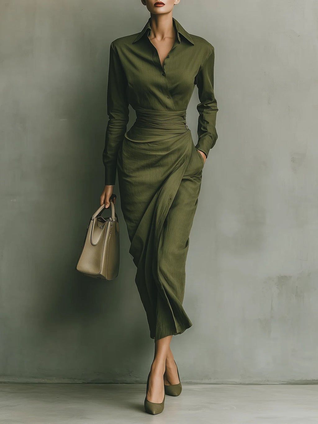 Vestido Martina Camisero Drapeado de Manga Larga