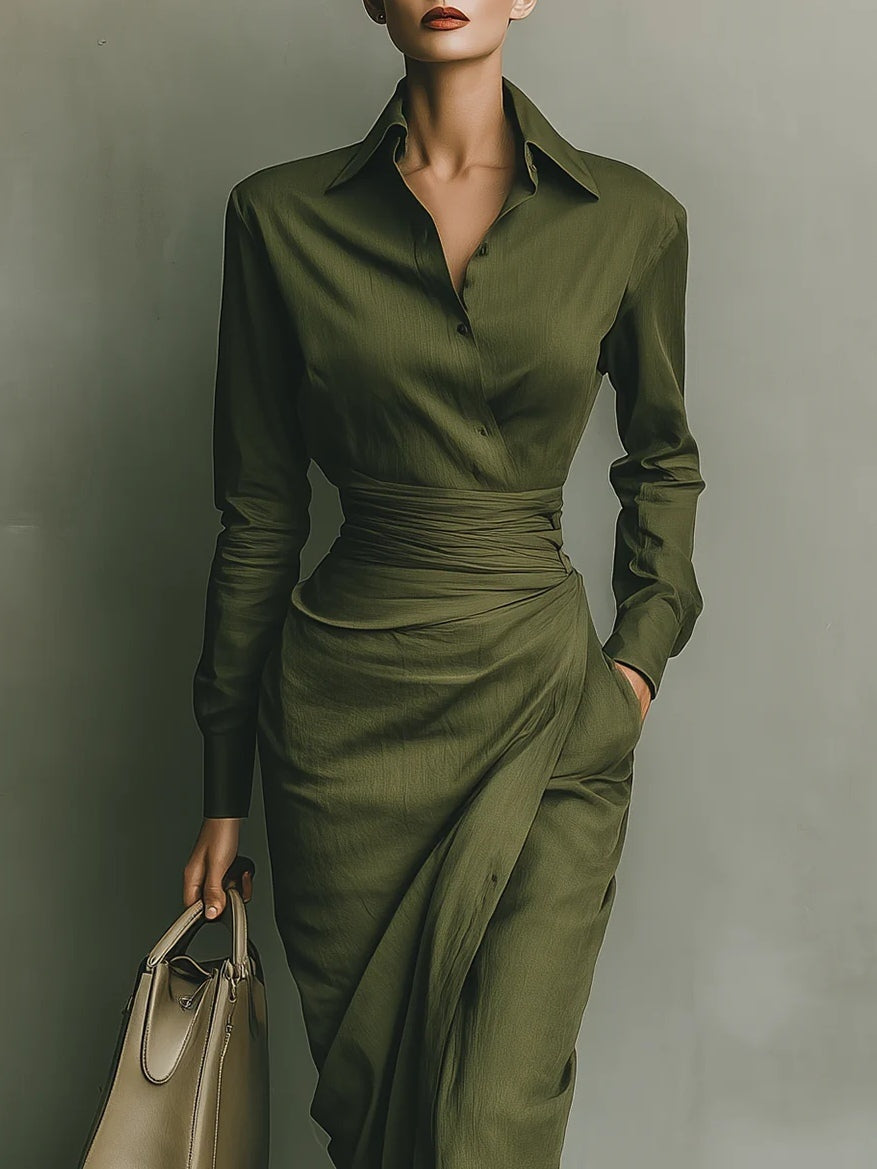 Vestido Martina Camisero Drapeado de Manga Larga