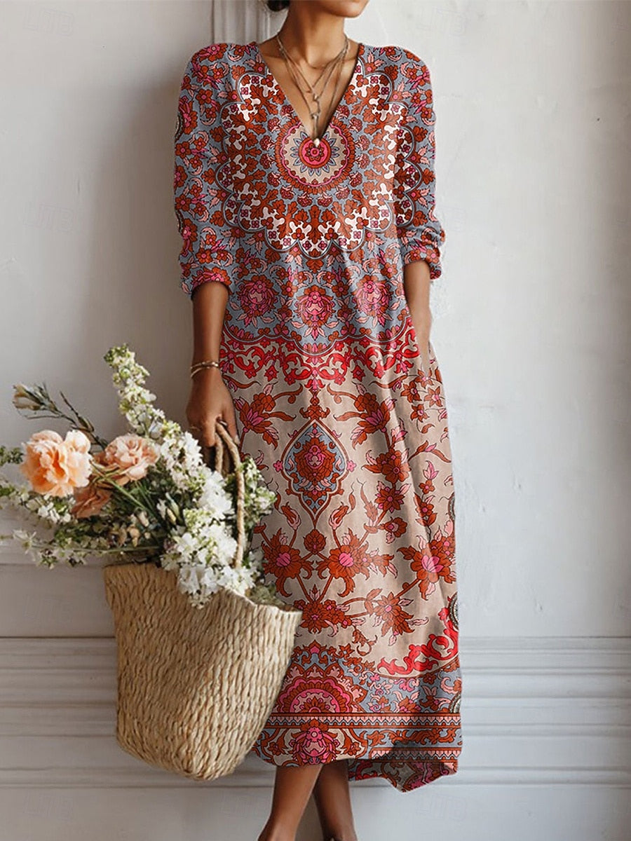 Vestido Boho de Lino Estampado para Mujer con Escote en V